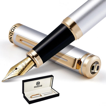 Silver Luxury Fountain Pen Set for Men and Women with Gift Box, 24K Gold Finish and Gilded Nib(Extra Fine)