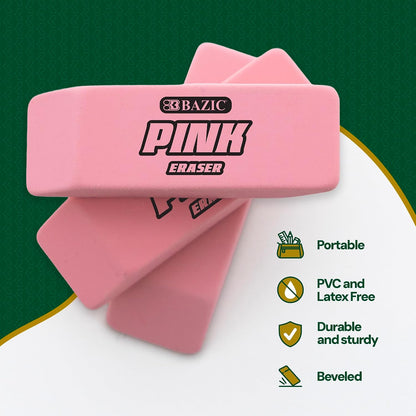 BAZIC Products Pink Bevel Block Erasers, Latex-Free, 4 Count