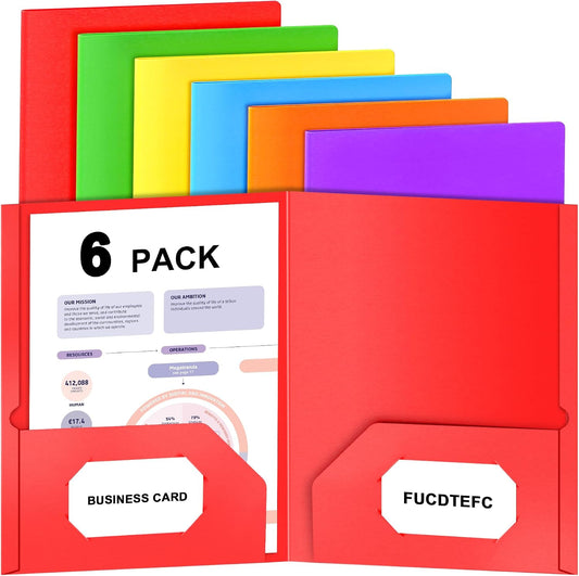 Folders with Pockets, 6 Pack Paper 2 Pocket Folders with Business Card Slot