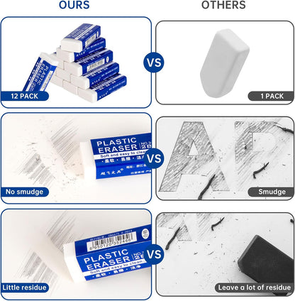 Pencil Erasers, Large White Block Erasers for School Kids, 12 Pack