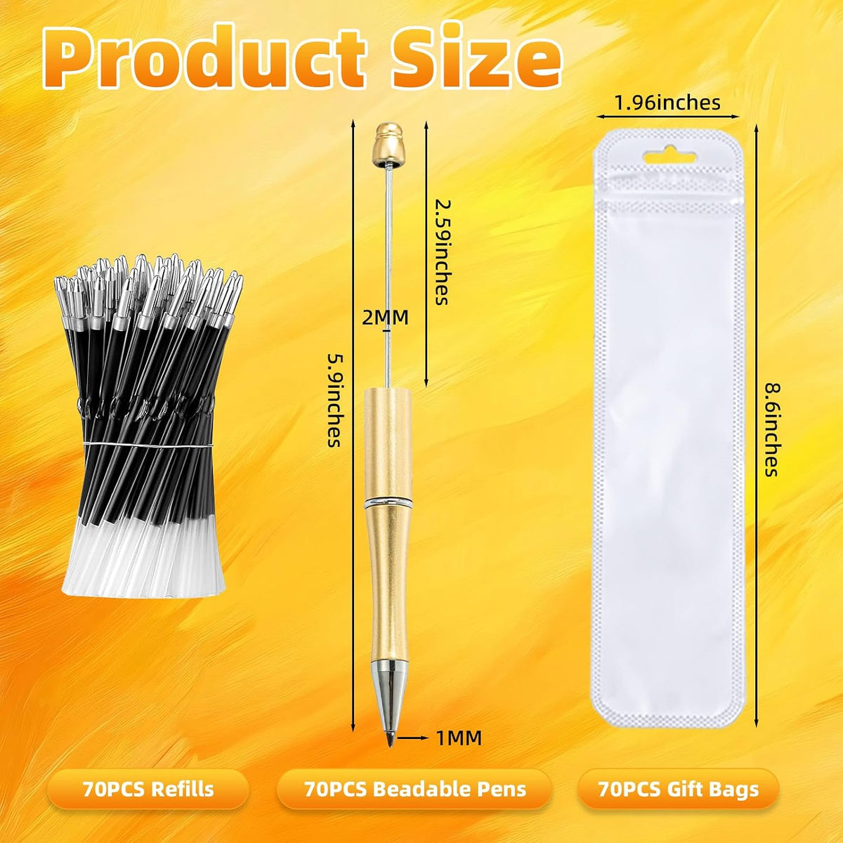 210 Pieces DIY Beadable Pen Bulk Kit – 70PCS Ballpoint Pen with Refills & Bags – Perfect for Beads Pens Supplies, Beaded Pens for DIY Crafting – Office Supplies & Teacher Accessories (Gold)