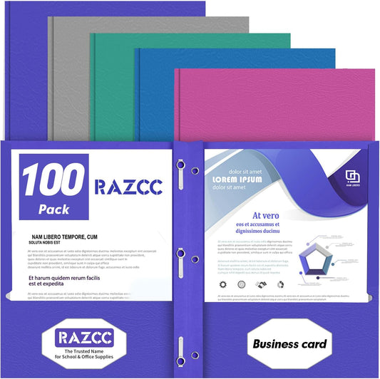 Two Pocket Folders, RAZCC 100 Pack Two Pocket with Prongs, 3 Prong Pocket Folders Letter Size, Paper Folders with Prongs for School Office Home Business, Assorted 5 Colors