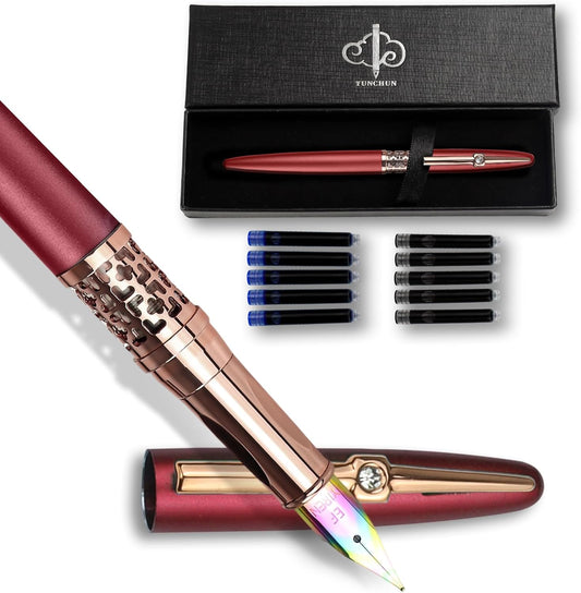 YUNCHUN Refillable Fountain Pen Medium Nib, Fancy Ink Pen with 10 Black & 10 Blue Ink Refills Cartridges, Cool Ink Pens for Writing, Business Metal, Best Gift Set for Men & Women, Red