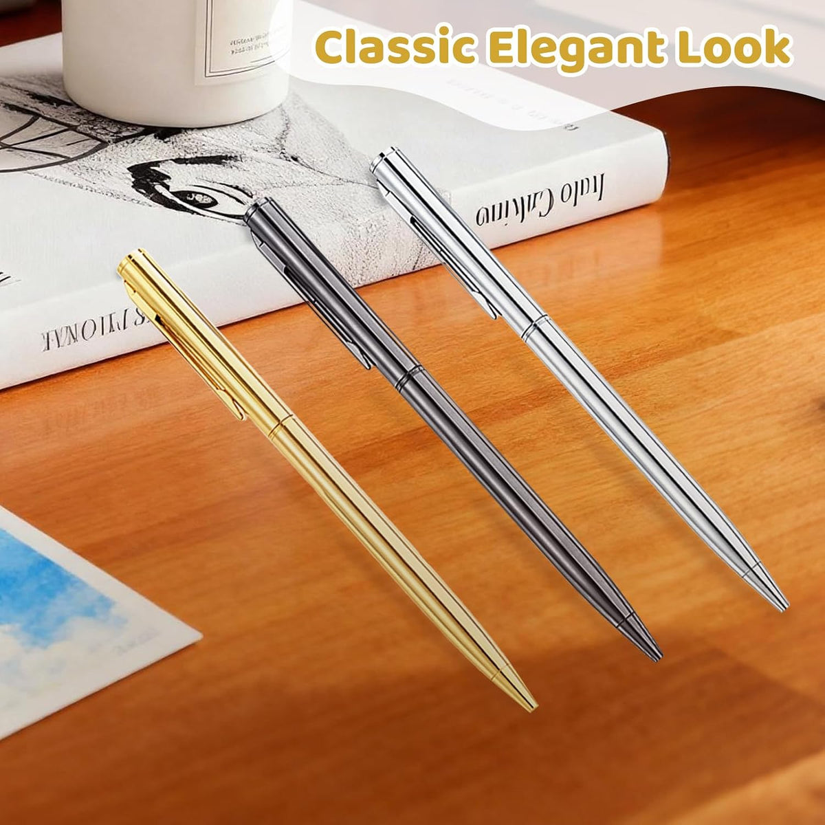 15Pcs Ballpoint Pens(Gold, Silver & Gray), Black Ink Medium Point, Smooth Writing Metal Pen Bulk