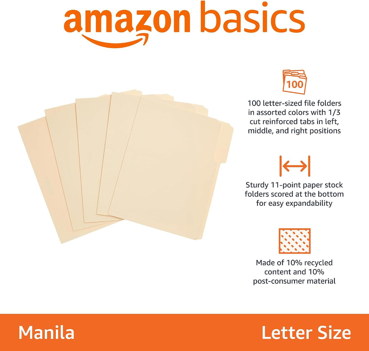 Amazon Basics Sturdy File Folders with Reinforced Tabs for Filing and Organization, 1/3-Cut Tab, Assorted Positions, Letter Size, 8.5x11 inches, Manila, 100-Pack