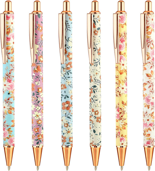 TIESOME 6pcs Floral Art Ballpoint Pens, 1.0mm Fashionable Retractable Ballpoint Pen Black Ballpoint Personalized Pens, Suitable for Women, Colleagues, Teachers, Students Gifts(color2)