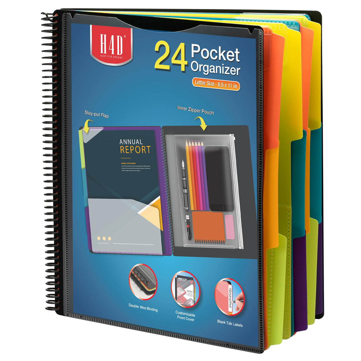 H4D 12 Pocket Poly Project Organizer, Multi Pocket Folder, Primary Colors