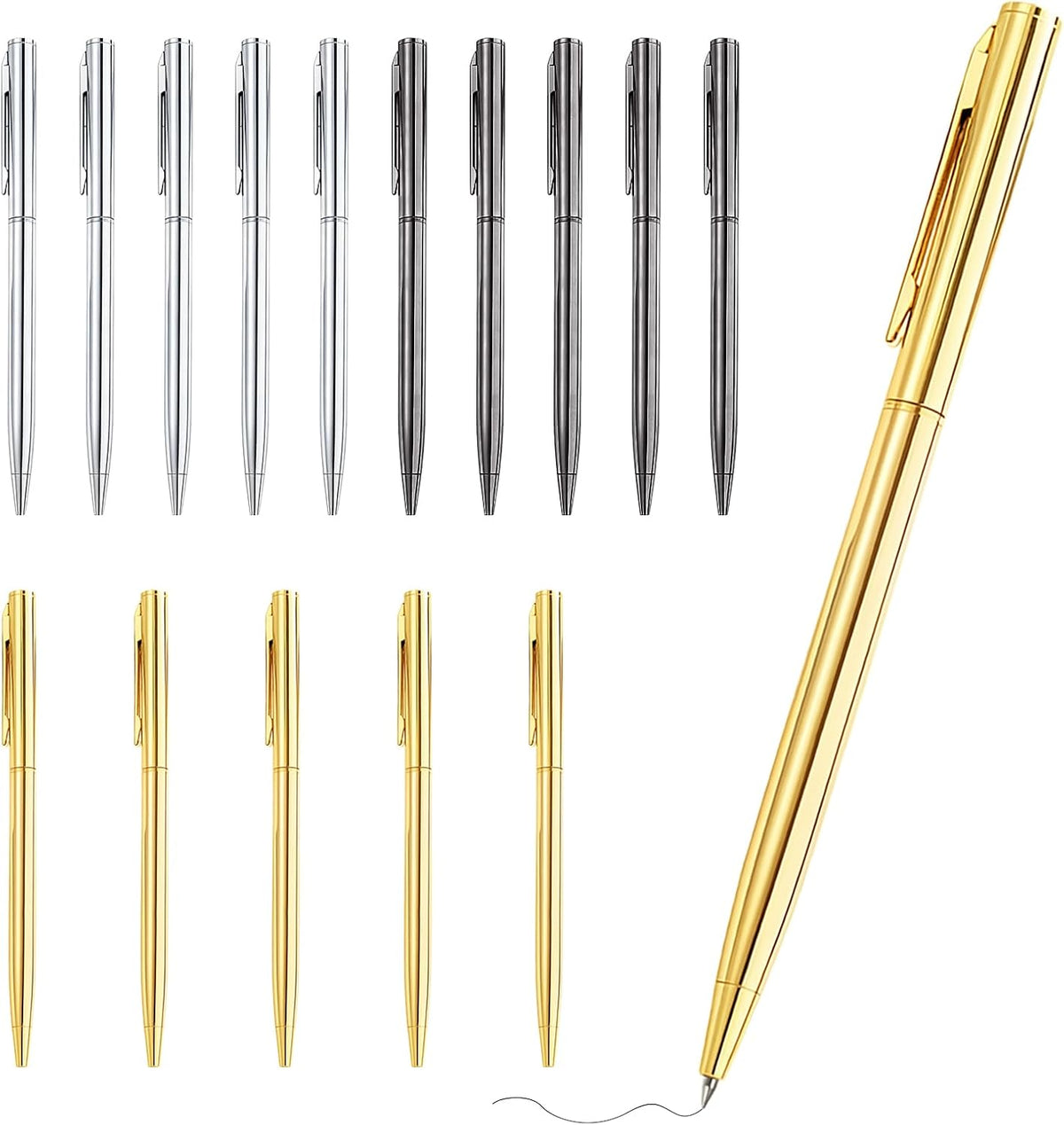 15Pcs Ballpoint Pens(Gold, Silver & Gray), Black Ink Medium Point, Smooth Writing Metal Pen Bulk
