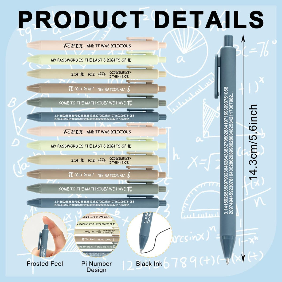 12 Pack Pi Day Ballpoint Pens, Black Ink Math Humor Quote Writing Instruments for Engineers Students, Practical Stationery Set, Retractable Pens for Classroom Office