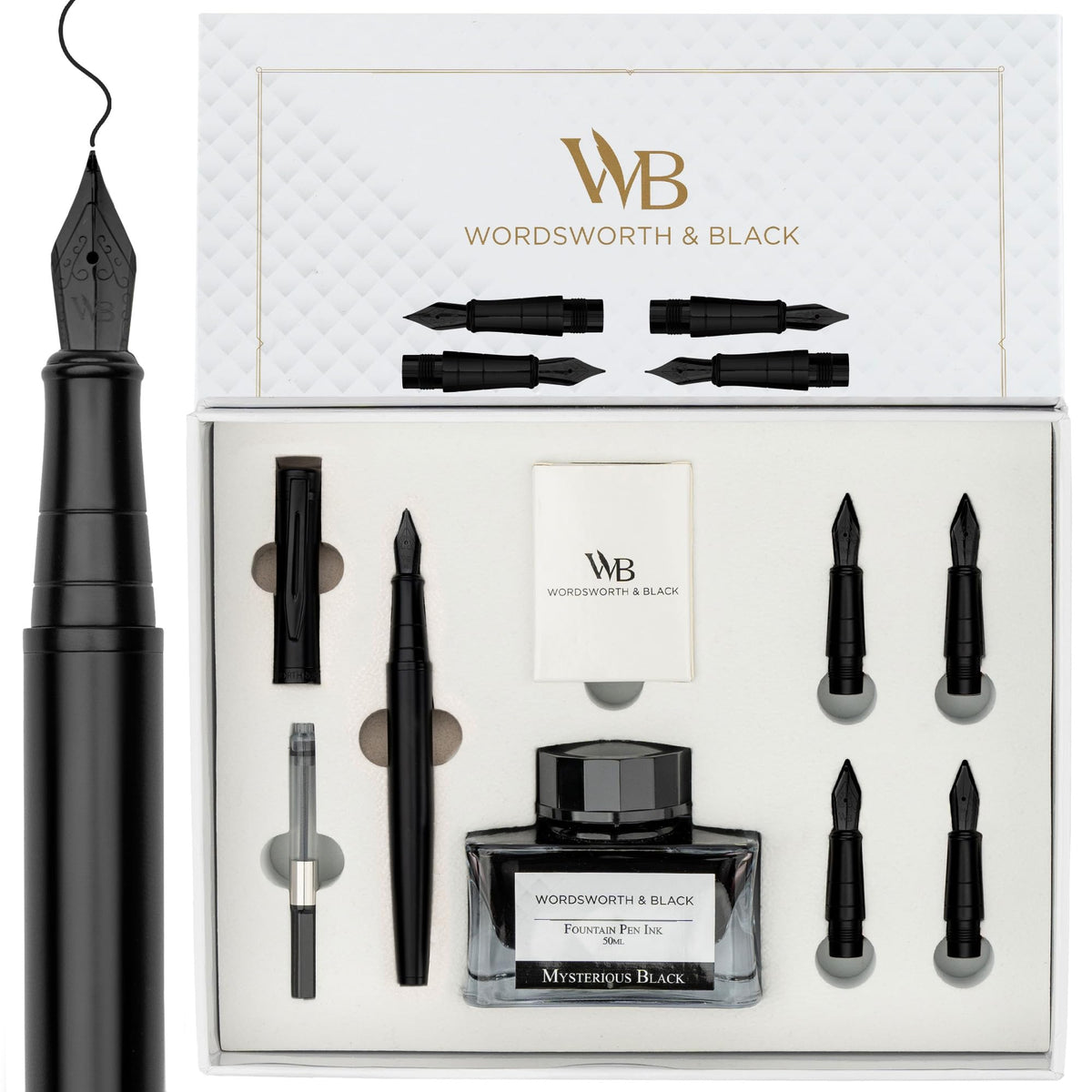 Wordsworth & Black Luxury Fountain Pen Set for Writing, 6 Nibs, Black Rose