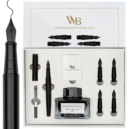 Wordsworth & Black Luxury Fountain Pen Set for Writing, 6 Nibs, Black Rose