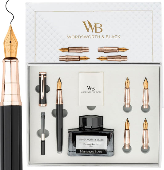 Wordsworth & Black Luxury Fountain Pen Set for Writing, 6 Nibs, Black Rose