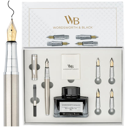 Wordsworth & Black Luxury Fountain Pen Set for Writing, 6 Nibs, Black Rose
