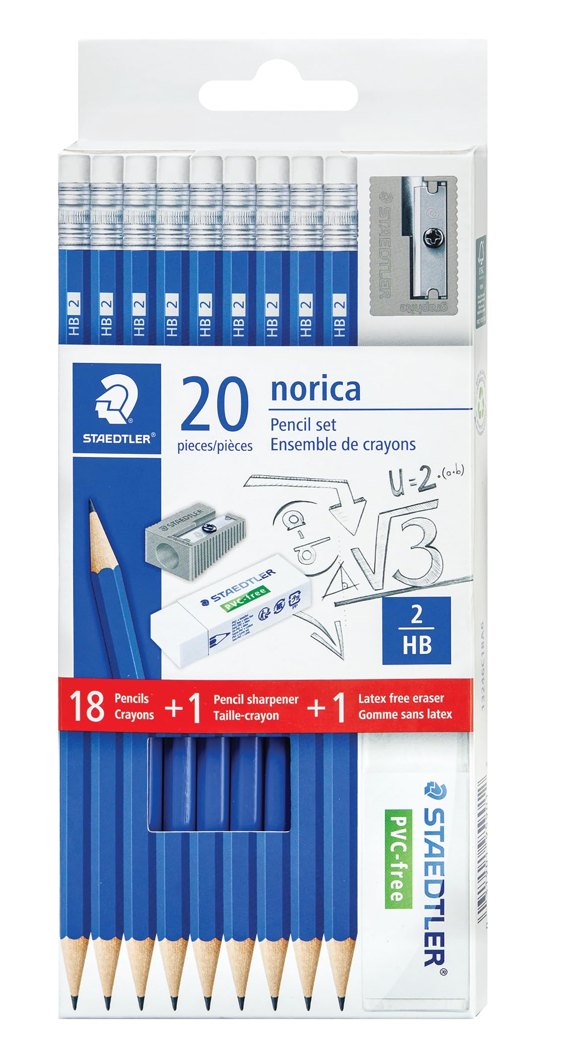 STAEDTLER Norica #2 HB Wood-Cased Pencil Set: 18 Pre-Sharpened Graphite Pencils with 1 Eraser & 1 Sharpener, Break-Resistant Lead, For Writing & Drawing, Blue, Ideal for Classroom, Home & Office