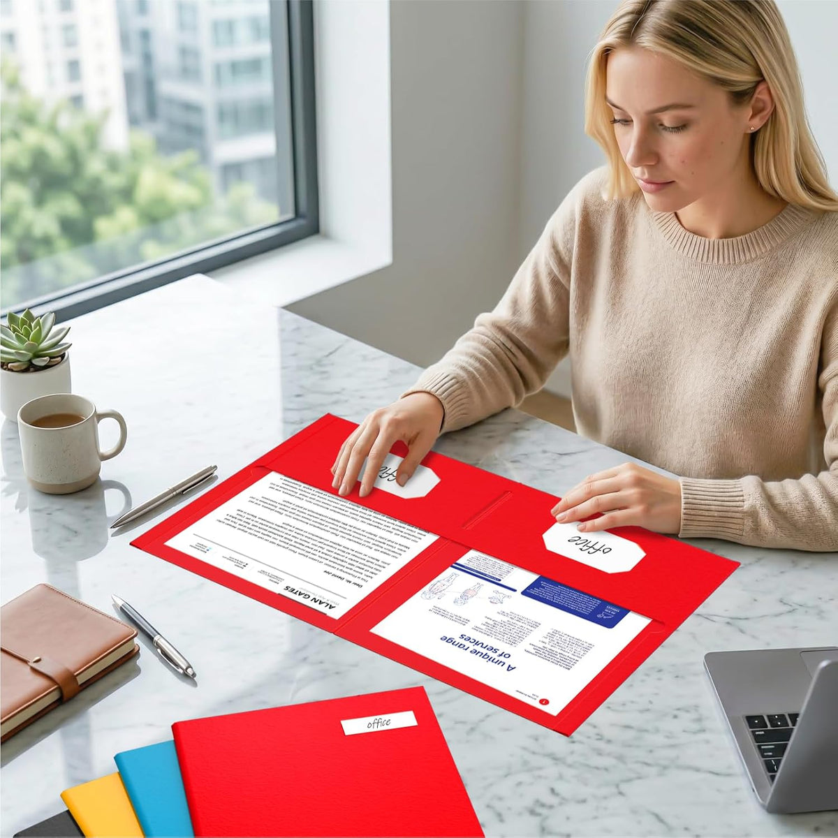 7 Pack Folders with Pockets, 2-Pocket with 10 Labels, Colored File Folders