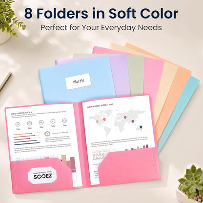 Sooez 8 Pack File Folders with Pockets, Plastic 2 Pocket Folder, Pastels