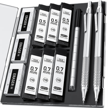 2PCS Metal Mechanical Pencil Set, 0.5mm+0.7mm, Storage Case, Black＆Silver
