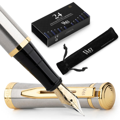 Wordsworth & Black Luxury Fountain Pen Set for Writing, Medium Nib, Silver