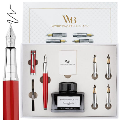 Wordsworth & Black Luxury Fountain Pen Set for Writing, 6 Nibs, Black Rose