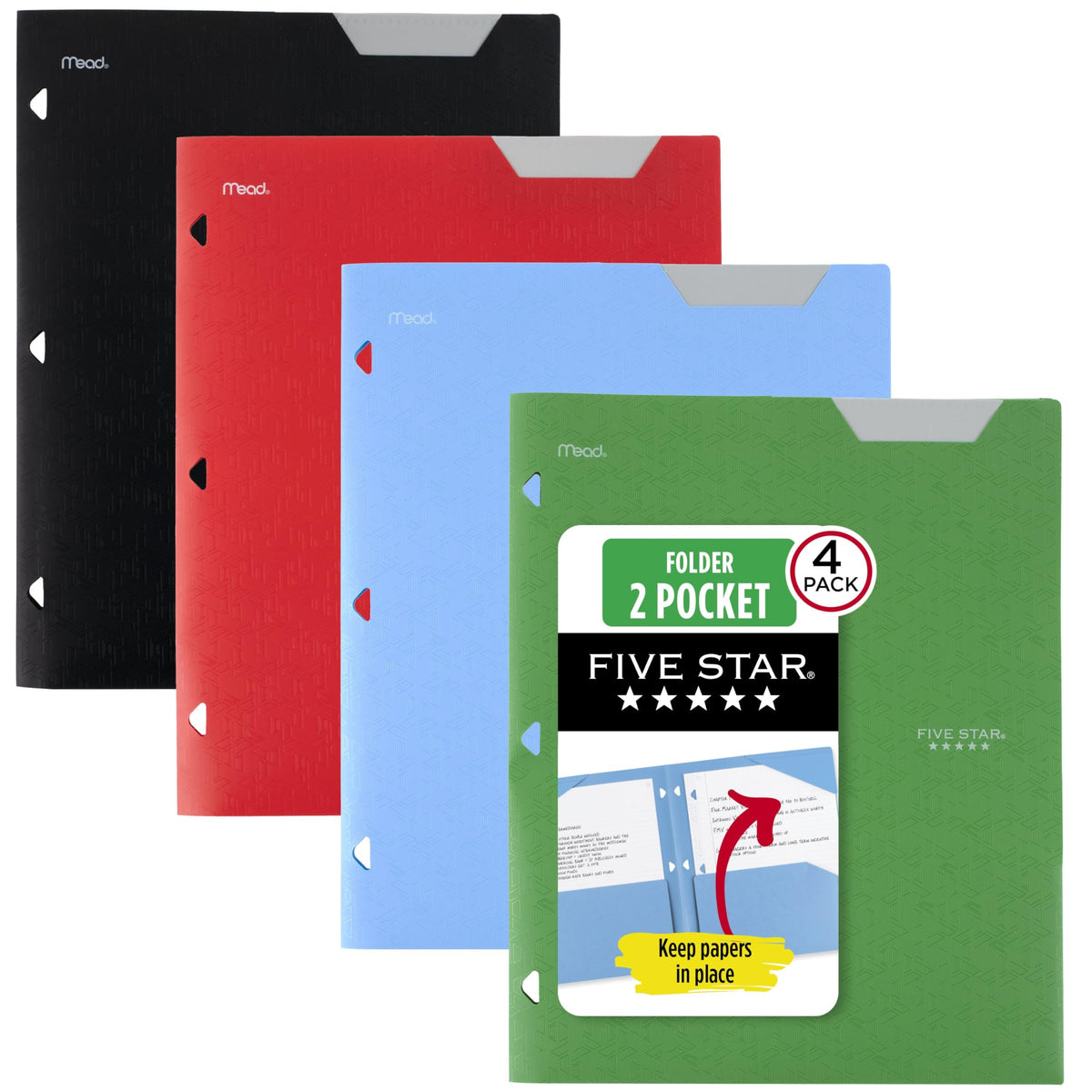 Five Star 2-Pocket Plastic Folder with Stay-Put Tabs, Fits 3-Ring Binder, Holds 8.5" x 11" Paper, Assorted Colors, 4 Pack (333420B)