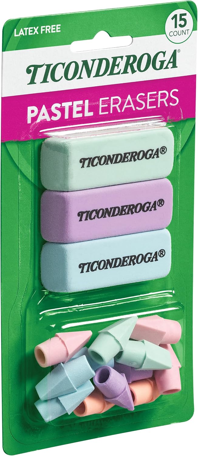 Ticonderoga Assorted Erasers, Pastel Colors, 15 Count