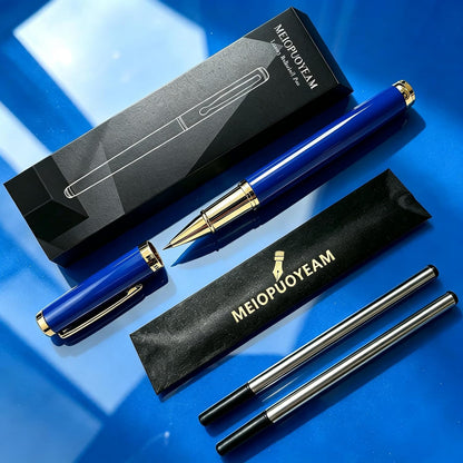 Luxury Rollerball Pen with 24K Gold Trim, Fancy Executive Professional Writing Gift Set for Men & Women, Premium Nice Pens with Smooth Ink for Journaling, Heavy Brass Body, Gloss Blue