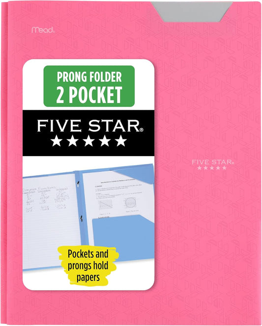 Five Star 2-Pocket Folder, Plastic Folder with Stay-Put Tabs and Prong Fasteners, Holds 8-1/2" x 11" Paper, Prom Pink (340300R)