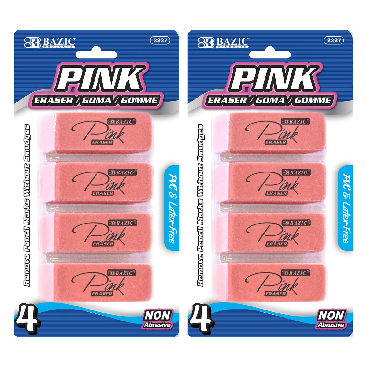 BAZIC Products Pink Bevel Block Erasers, Latex-Free, 4 Count