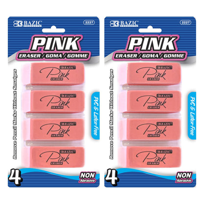 BAZIC Products Pink Bevel Block Erasers, Latex-Free, 4 Count