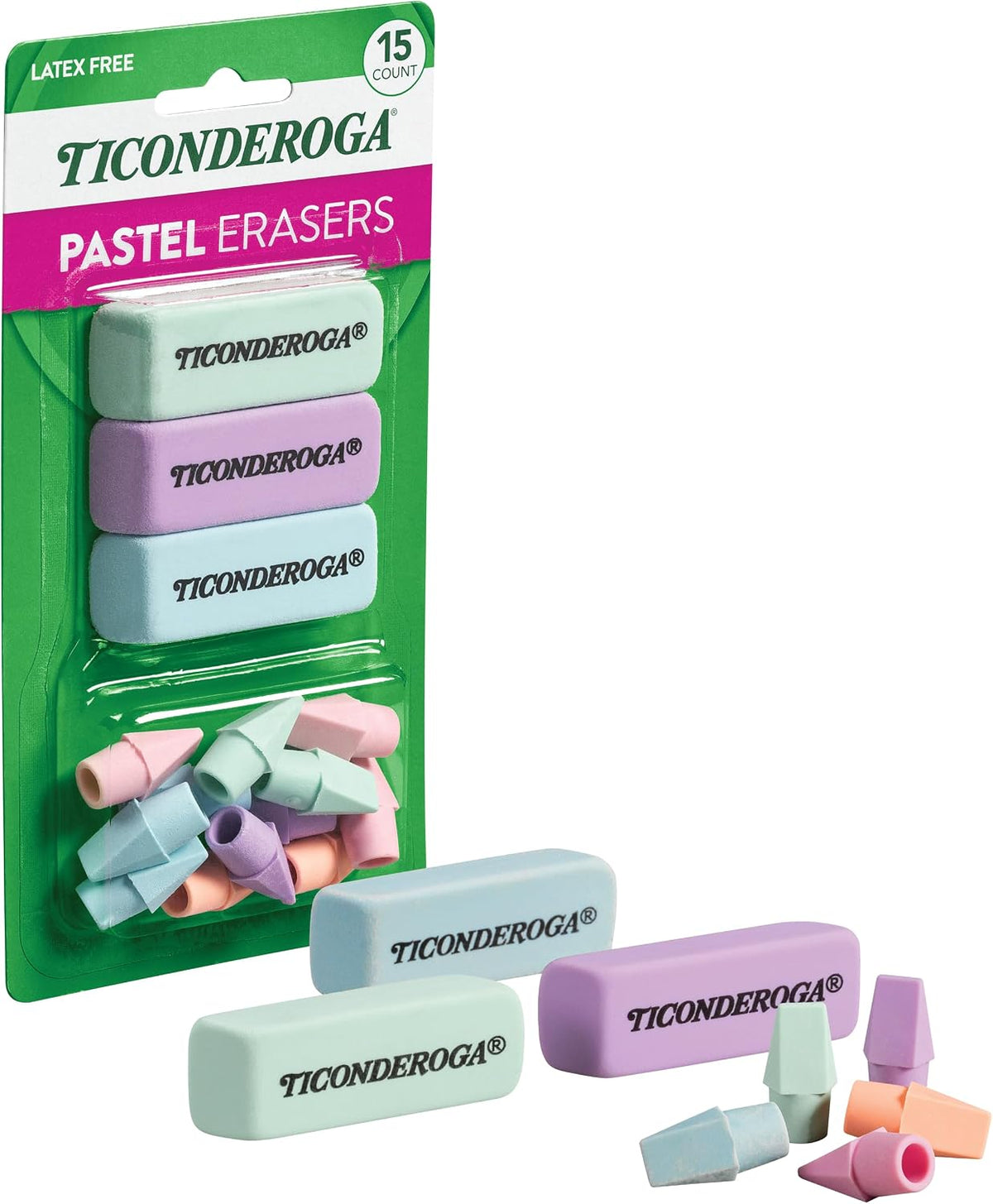 Ticonderoga Assorted Erasers, Pastel Colors, 15 Count
