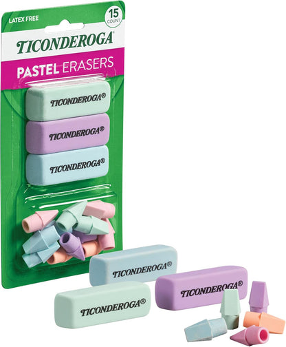 Ticonderoga Assorted Erasers, Pastel Colors, 15 Count
