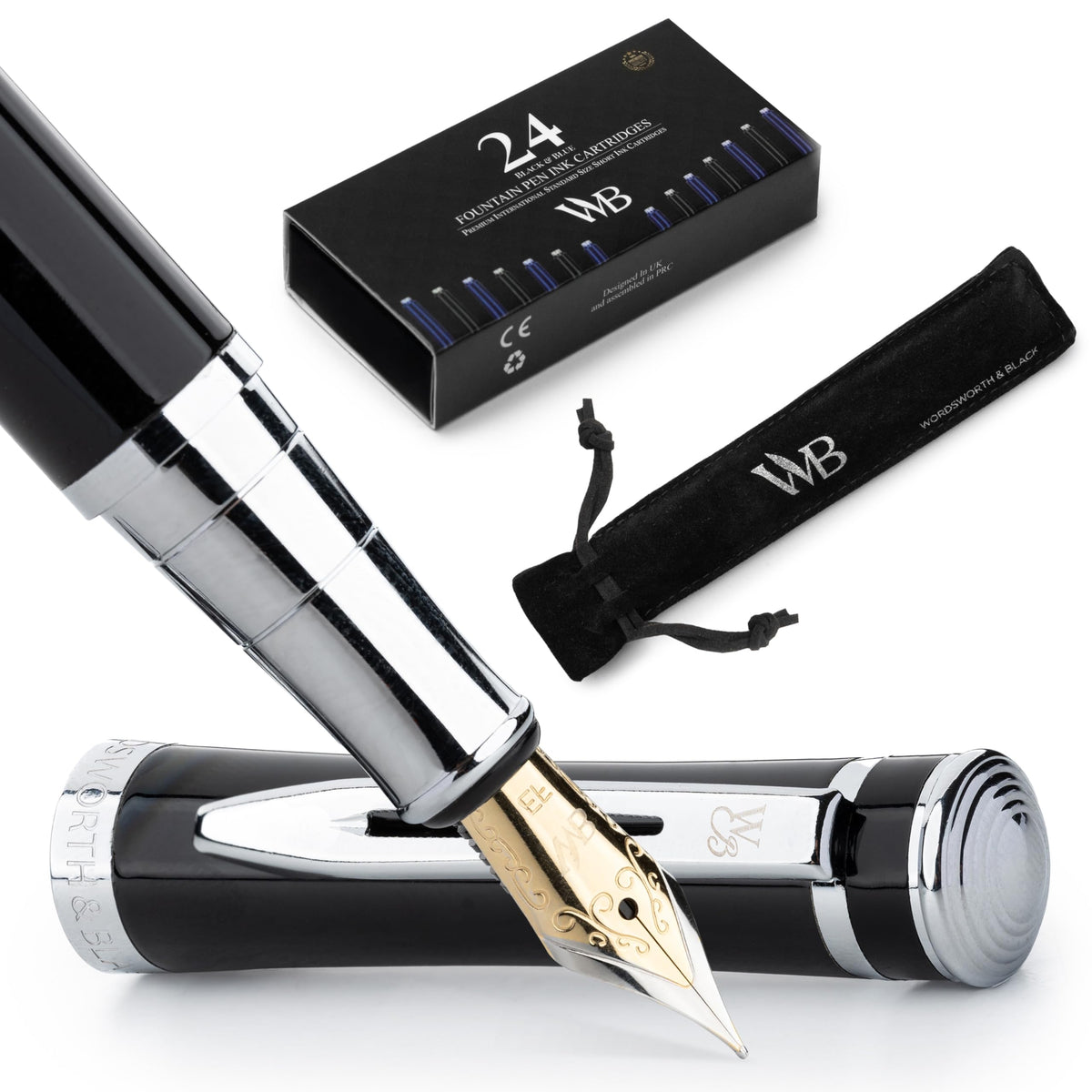 Wordsworth & Black Luxury Fountain Pen Set for Writing, Medium Nib, Silver