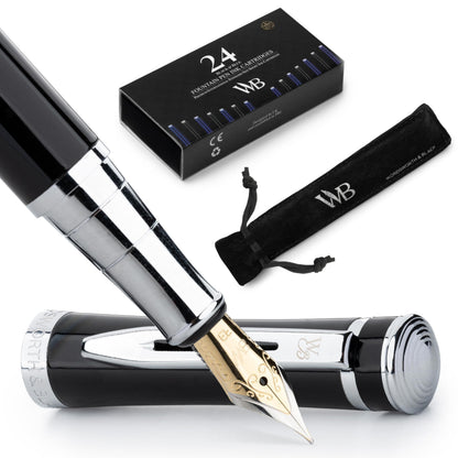 Wordsworth & Black Luxury Fountain Pen Set for Writing, Medium Nib, Silver