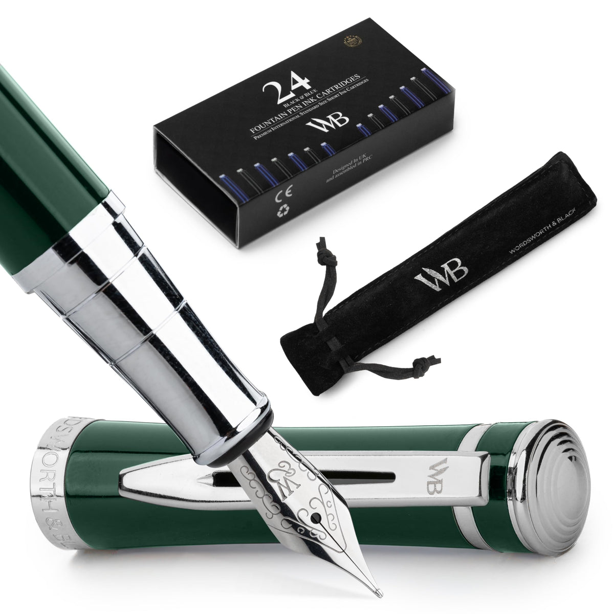 Wordsworth & Black Luxury Fountain Pen Set for Writing, Medium Nib, Silver