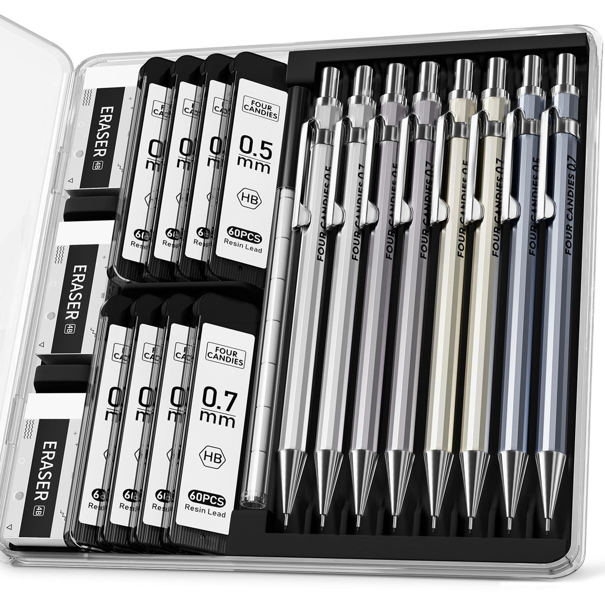 Mechanical Pencil Set, 0.7mm 4-Pack with Case, Metal Body, Medium Point