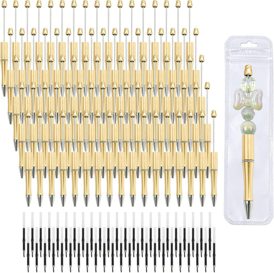 210 Pieces DIY Beadable Pen Bulk Kit – 70PCS Ballpoint Pen with Refills & Bags – Perfect for Beads Pens Supplies, Beaded Pens for DIY Crafting – Office Supplies & Teacher Accessories (Gold)