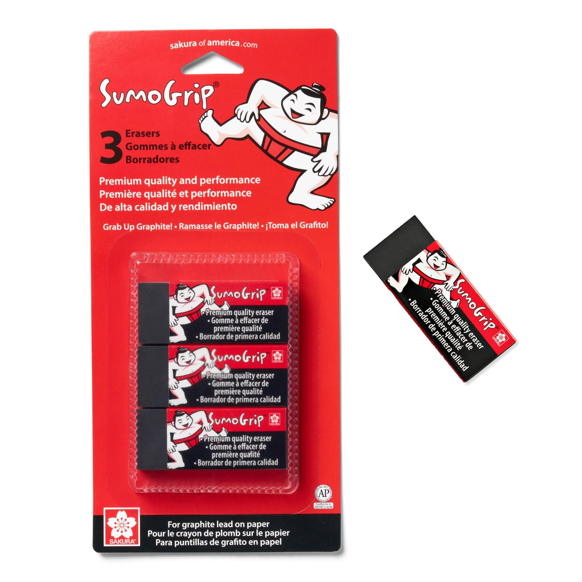Sakura SumoGrip Block Eraser, Black, Small B80, 2.125 x 0.875 in, 3 Pack