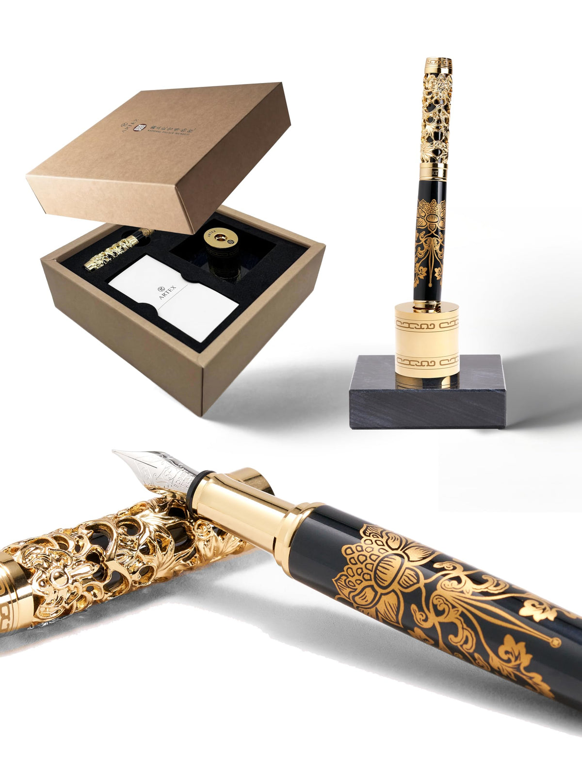 ARTEX x National Palace Museum Gold Lotus Fountain Pen & Marble Stand Set