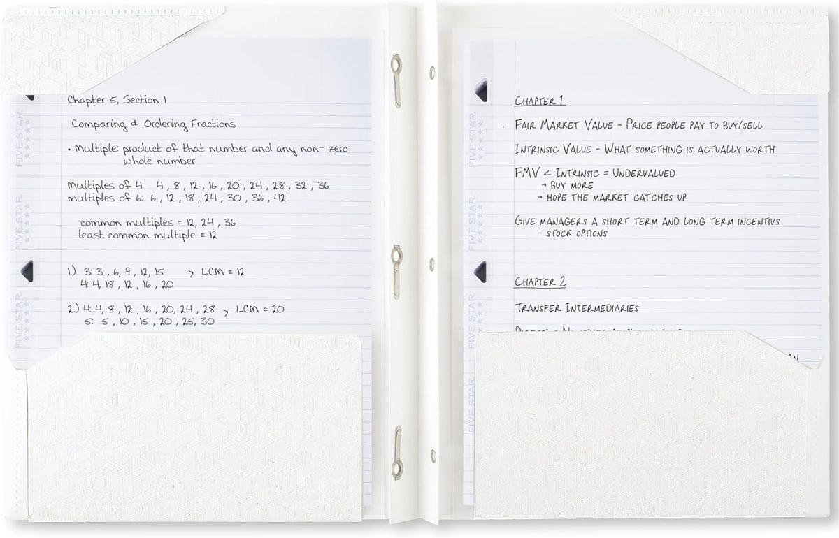 Five Star 2-Pocket Folder, Plastic Folder with Stay-Put Tabs and Prong Fasteners, Holds 8-1/2" x 11" Paper, White (72494)