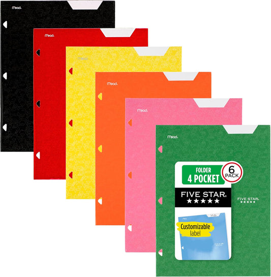 Five Star 4-Pocket Folder, 6 Pack, Paper Folder, Fits 3-Ring Binders, Holds 8-1/2" x 11" Paper, Assorted Colors (38056)
