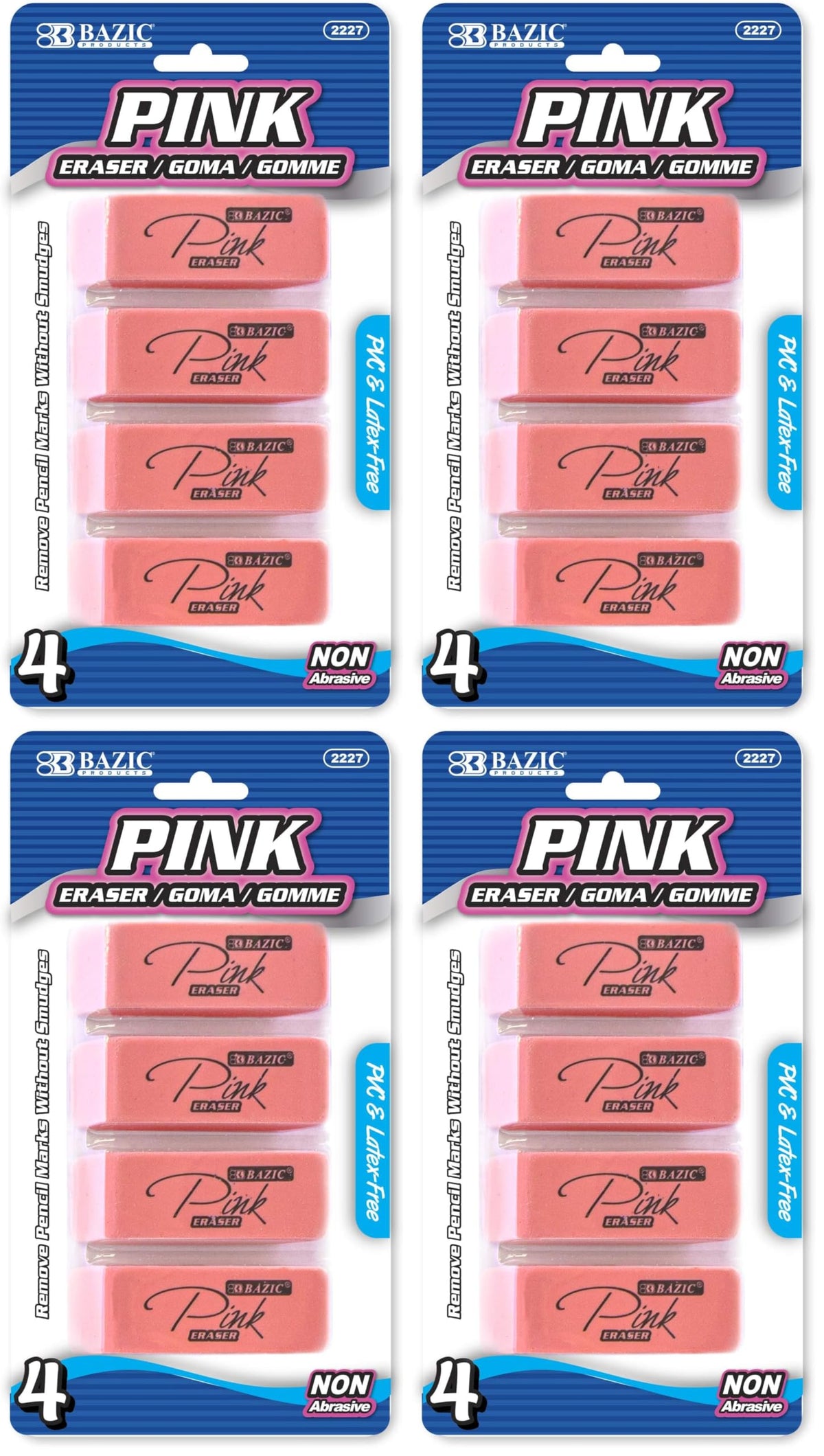 BAZIC Products Pink Bevel Block Erasers, Latex-Free, 4 Count