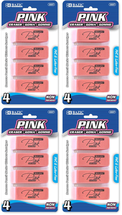 BAZIC Products Pink Bevel Block Erasers, Latex-Free, 4 Count