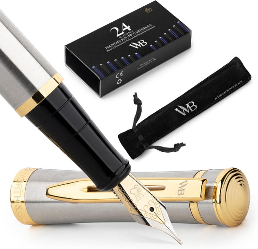 Wordsworth & Black Luxury Fountain Pen Set for Writing, Medium Nib, Silver