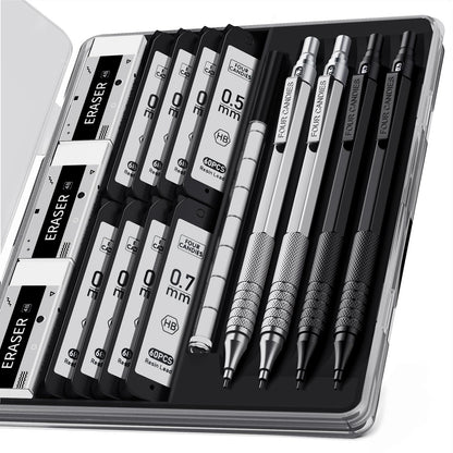 2PCS Metal Mechanical Pencil Set, 0.5mm+0.7mm, Storage Case, Black＆Silver