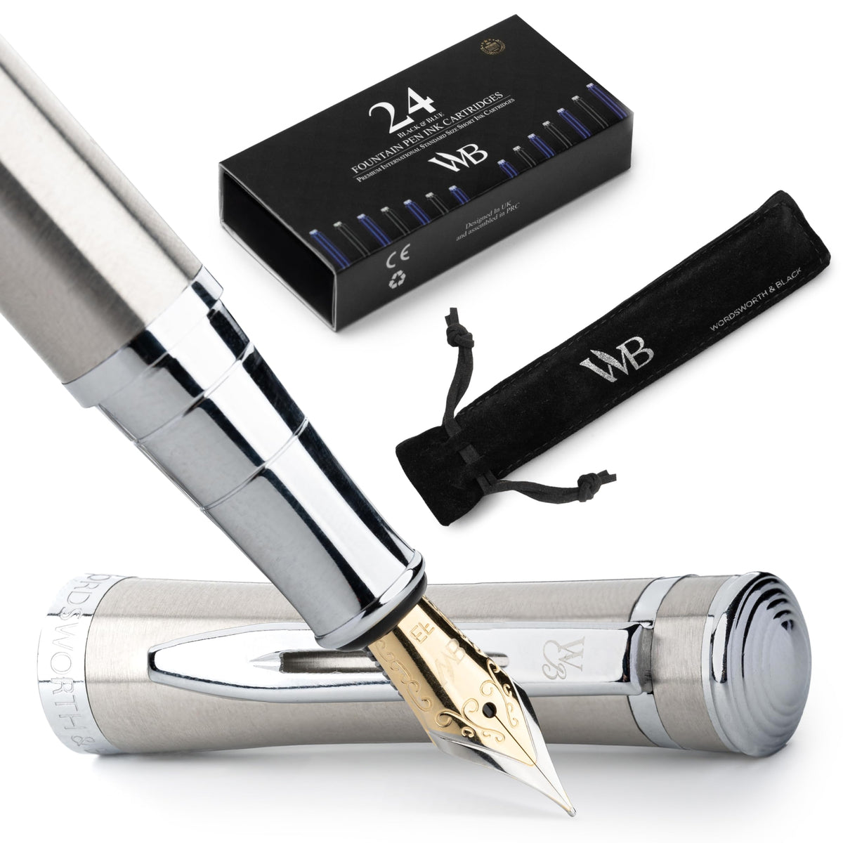 Wordsworth & Black Luxury Fountain Pen Set for Writing, Medium Nib, Silver