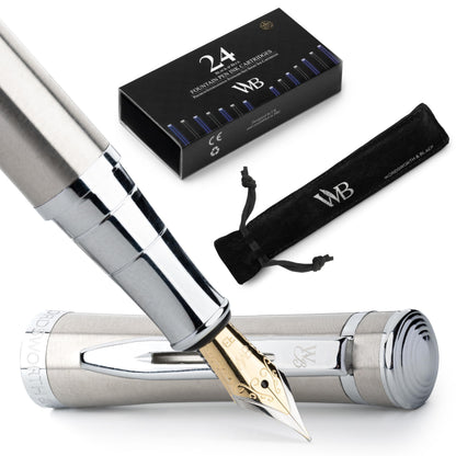 Wordsworth & Black Luxury Fountain Pen Set for Writing, Medium Nib, Silver