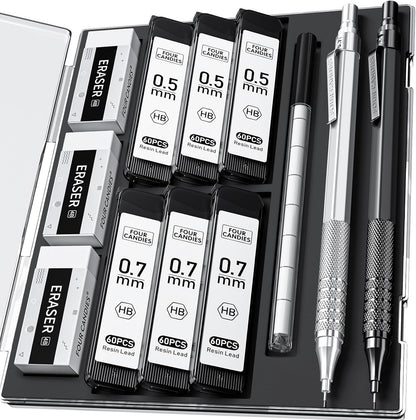 2PCS Metal Mechanical Pencil Set, 0.5mm+0.7mm, Storage Case, Black＆Silver