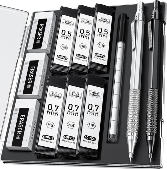 2PCS Metal Mechanical Pencil Set, 0.5mm+0.7mm, Storage Case, Black＆Silver
