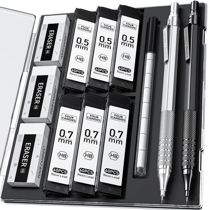 2PCS Metal Mechanical Pencil Set, 0.5mm+0.7mm, Storage Case, Black＆Silver