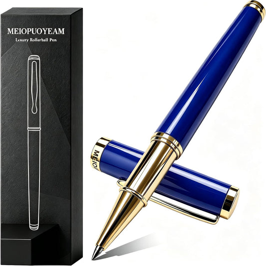 Luxury Rollerball Pen with 24K Gold Trim, Fancy Executive Professional Writing Gift Set for Men & Women, Premium Nice Pens with Smooth Ink for Journaling, Heavy Brass Body, Gloss Blue